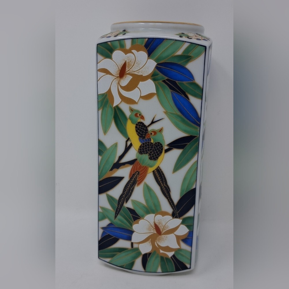 Vintage Takahashi Tropicale Vase Hand Decorated Parrots & Floral Japan 7"